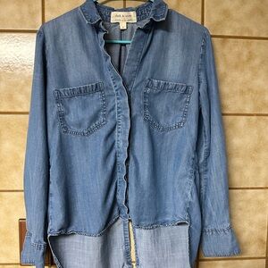 Cloth & Stone Women’s Shirt, Collar, Roll Sleeves, Split Back, Blue, Small